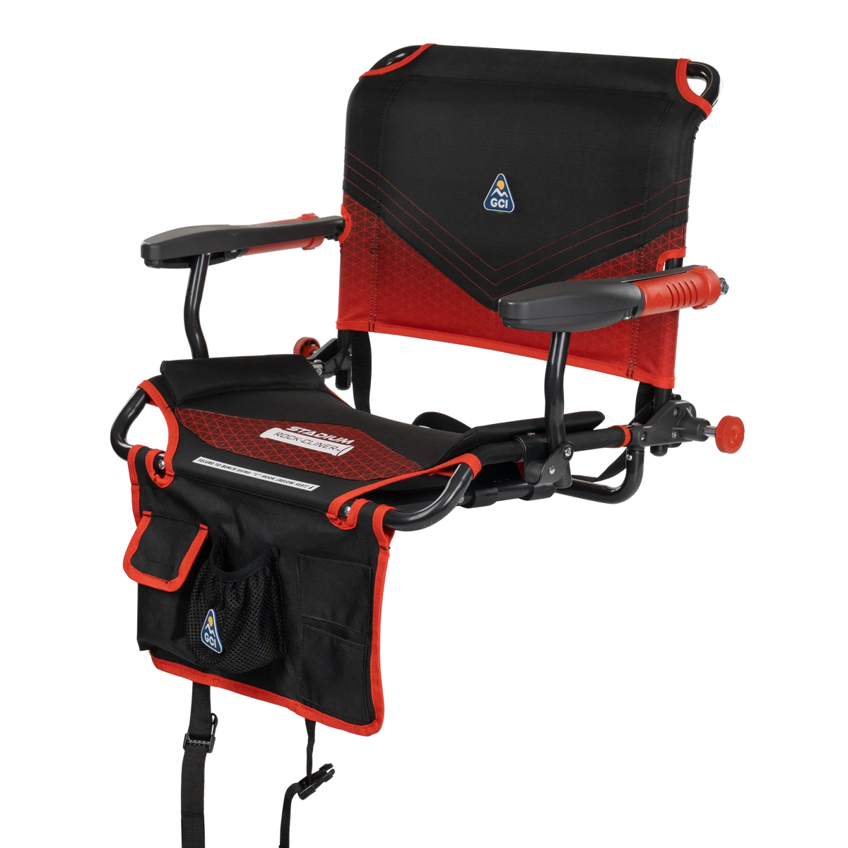Front left view of the redline fade Stadium Rock-Cliner 2.0.