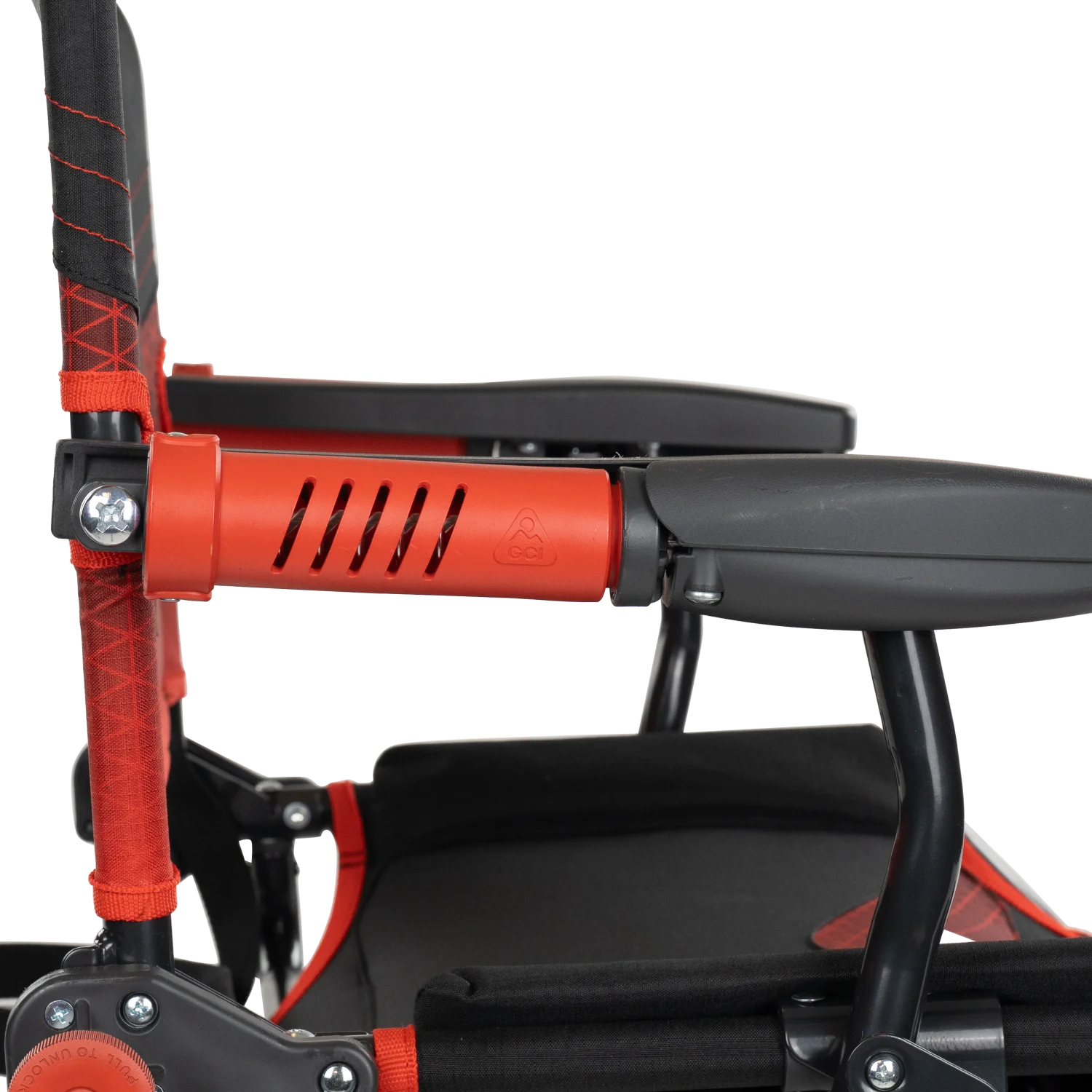 Close-up of the Flex-Recline Shock System on the redline fade Stadium Rock-Cliner 2.0.