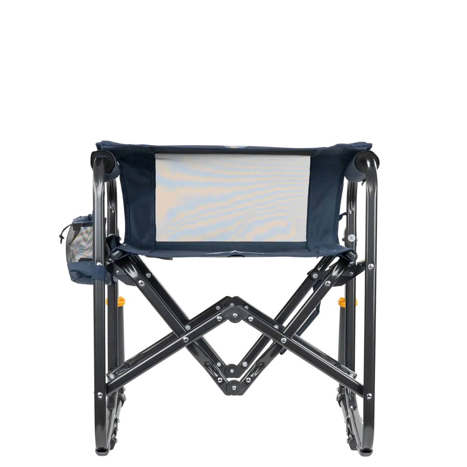 Folded backrest of denim stowaway rocker.