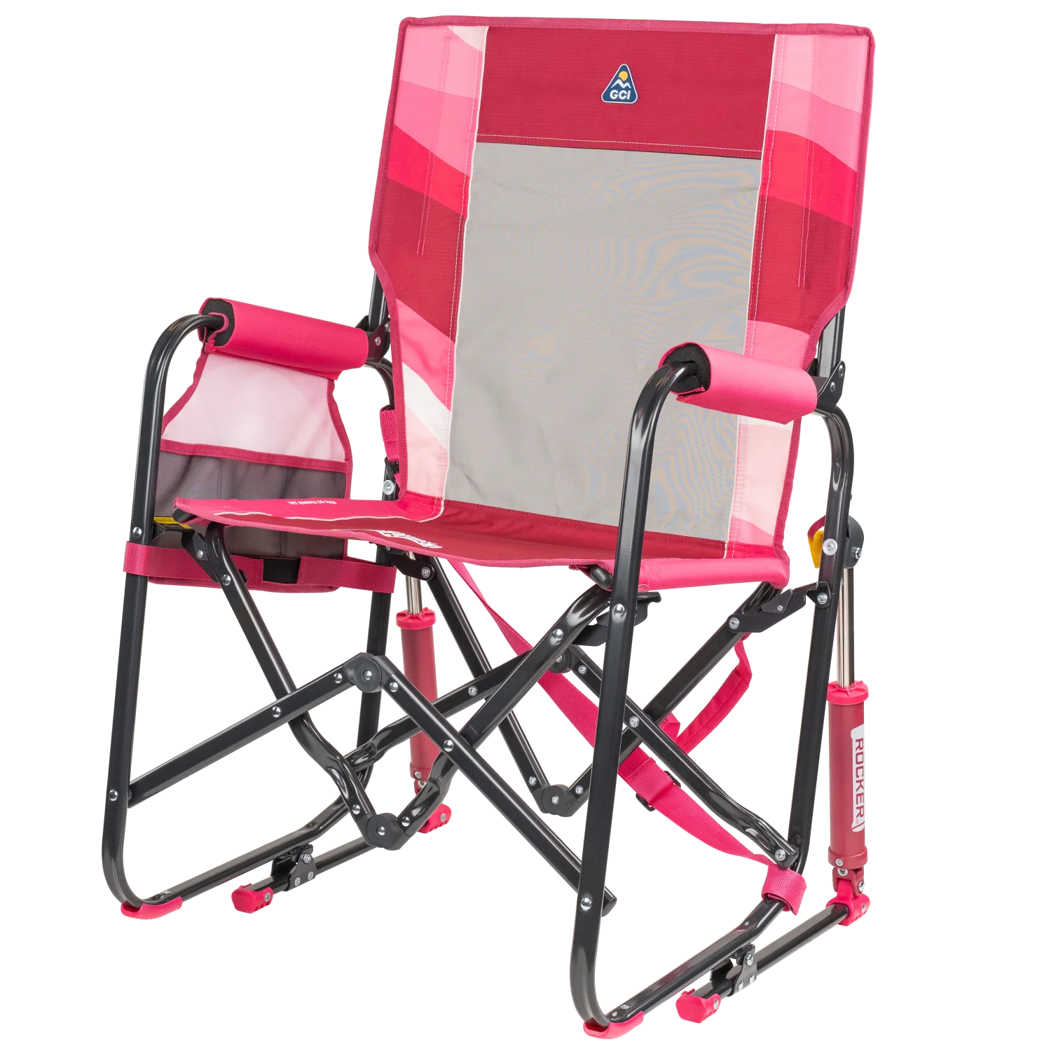 Front left view of the pink flame waves Stowaway Rocker.