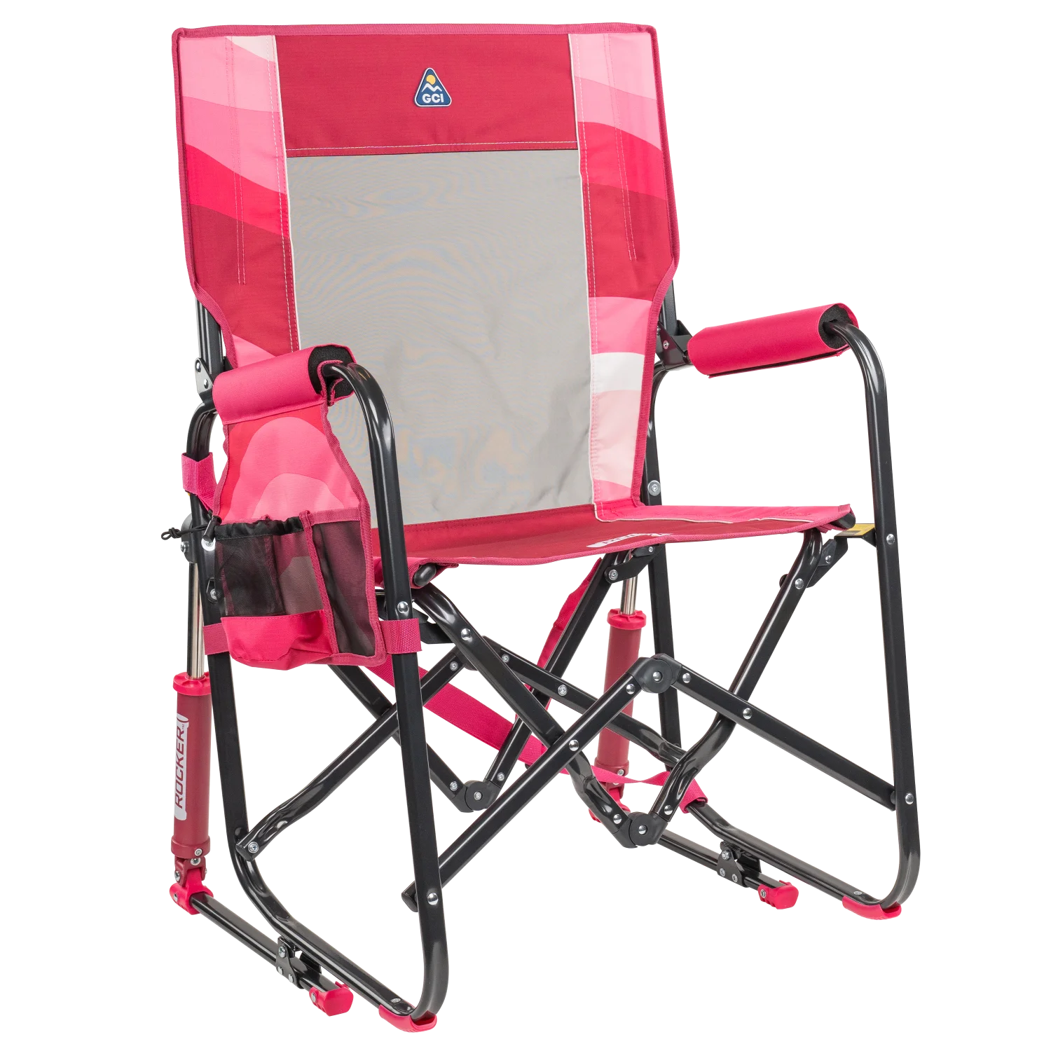 Front right view of the pink flame waves Stowaway Rocker.