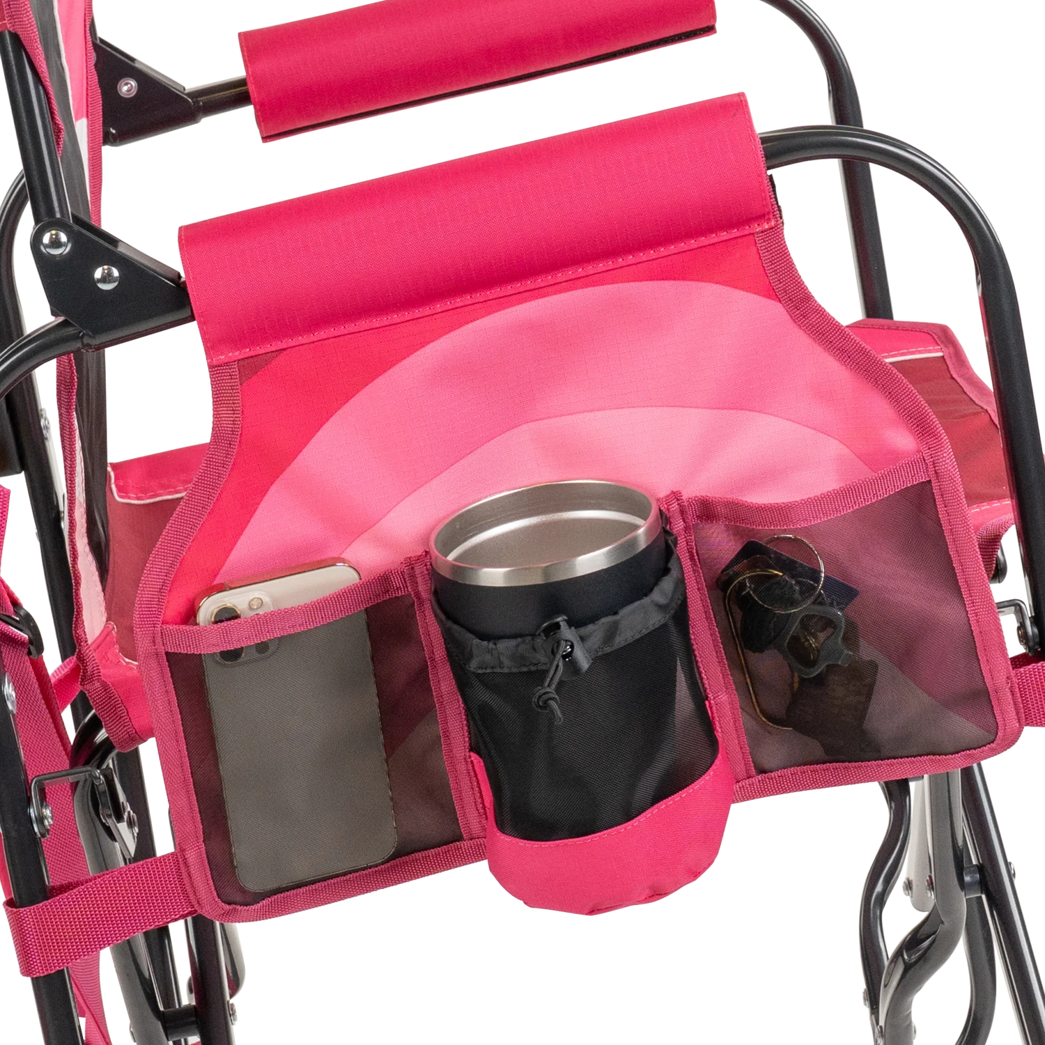 Close-up of the side caddy on the pink flame waves Stowaway Rocker.