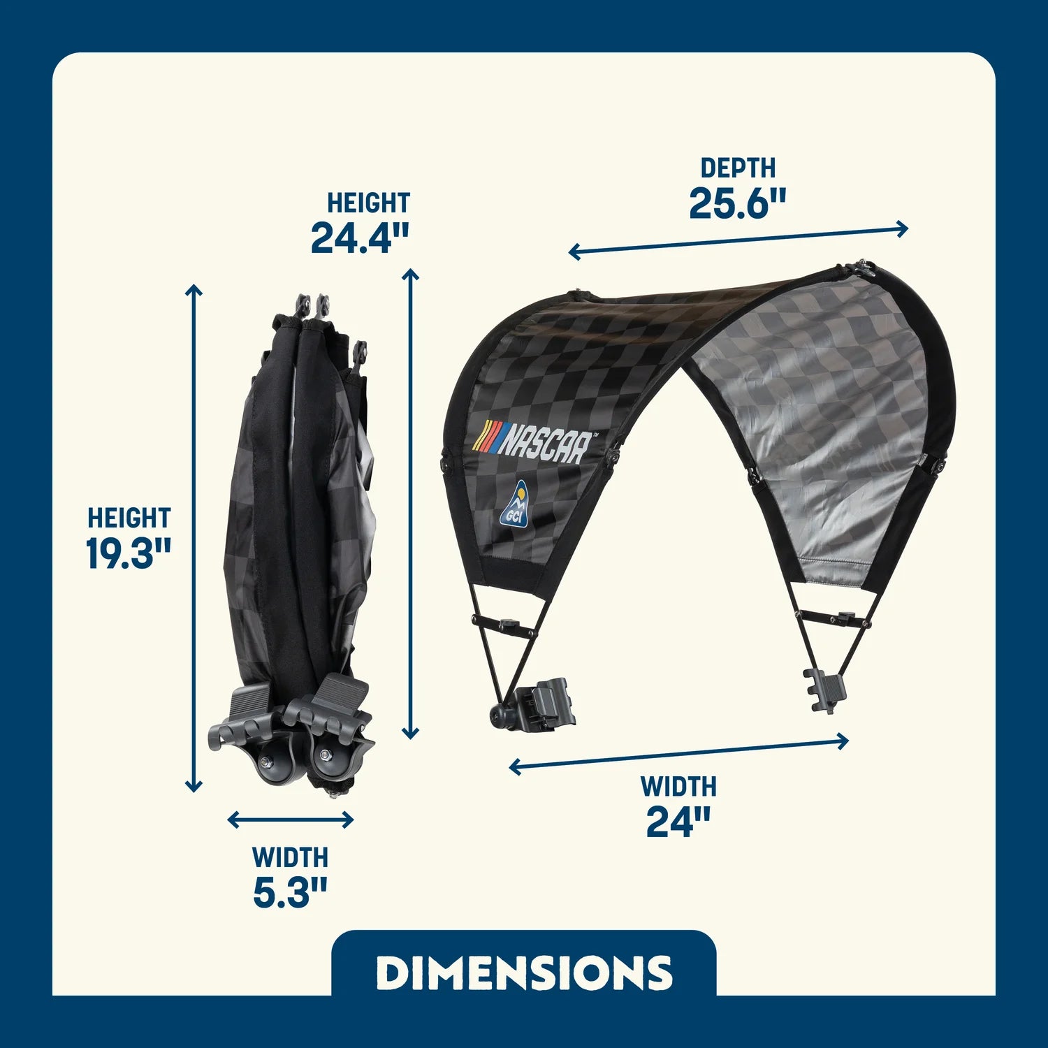 Dimension overview of the Sunshade Accessory shown open and folded, with labeled height, width, and depth measurements.