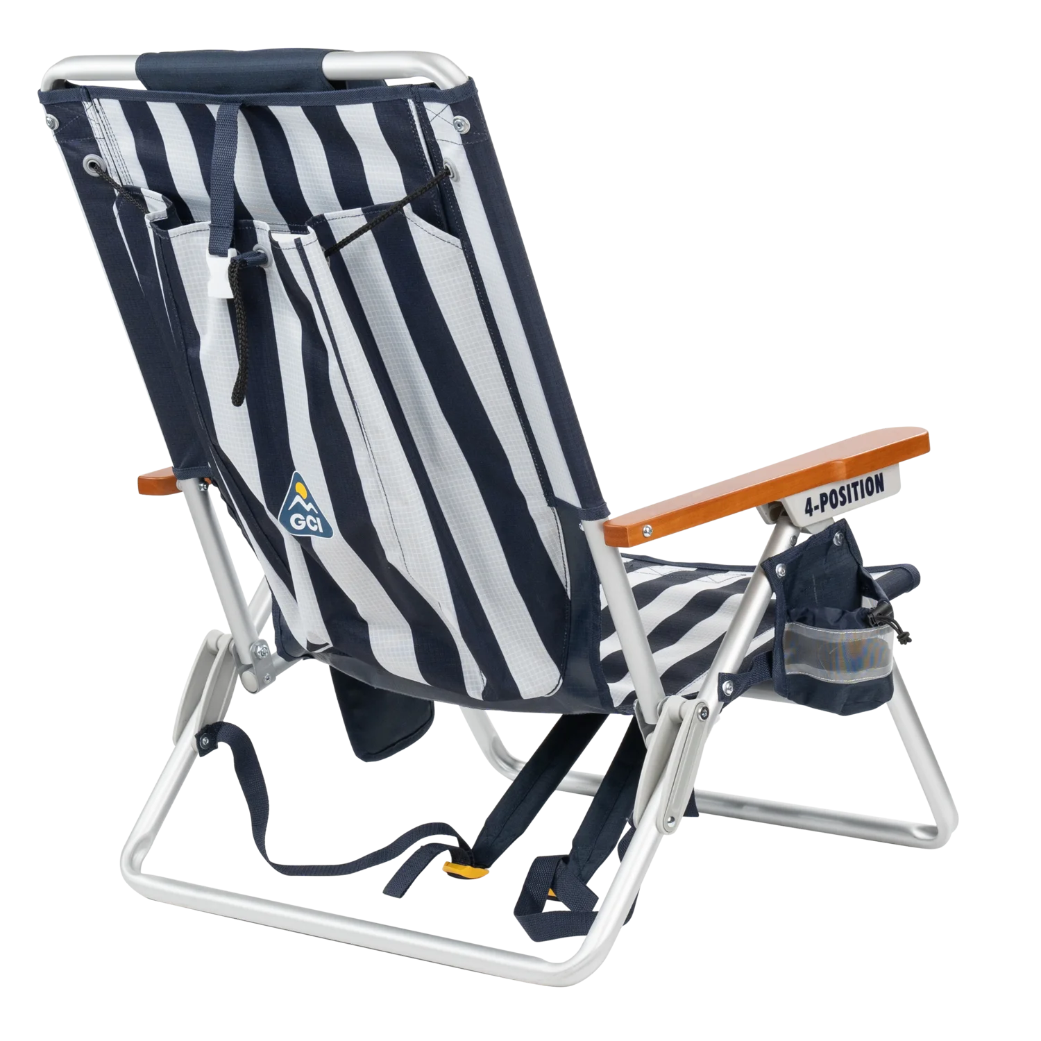 Back right angle of the TidalDrift lounger in indigo stripes.