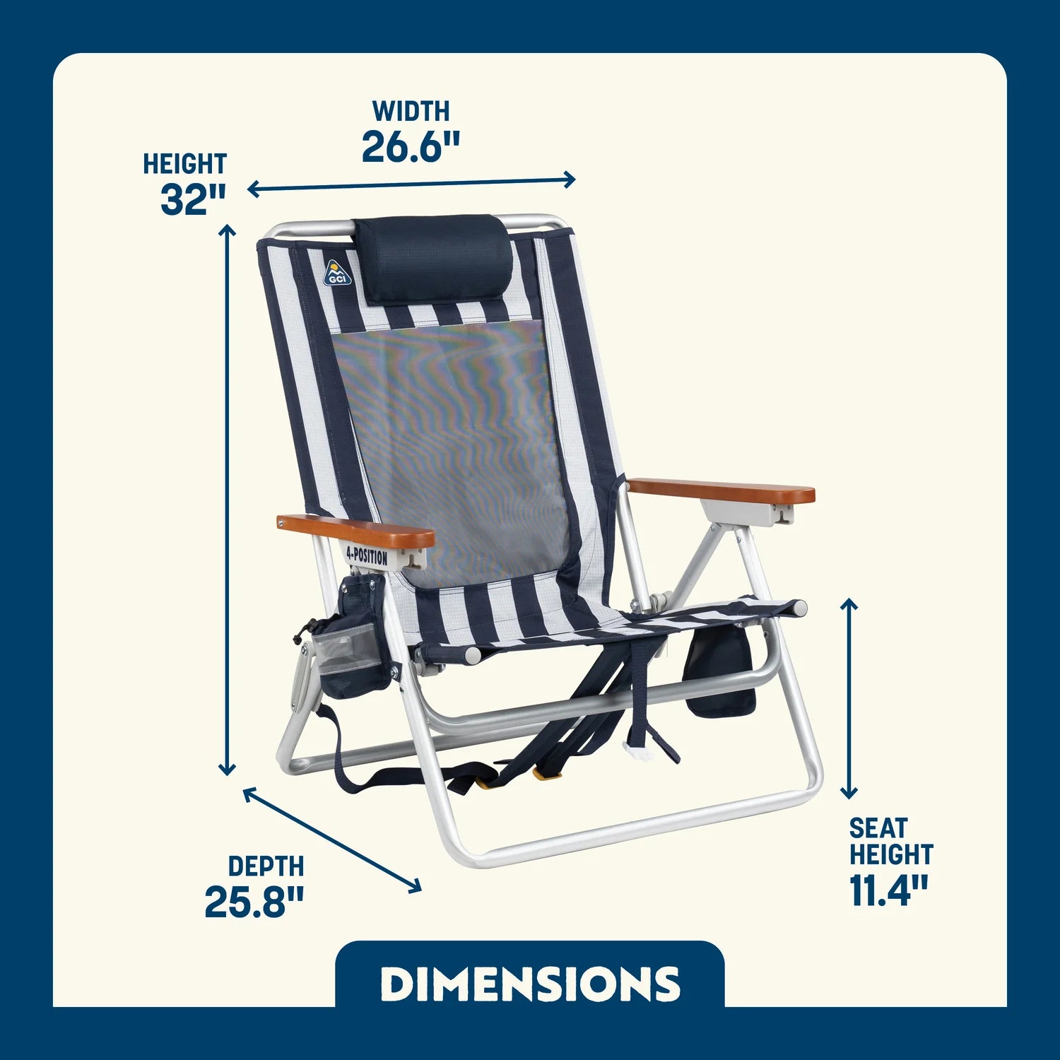 Dimension overview of the TidalDrift in indigo stripes with labeled seat height, width, depth, and overall height.