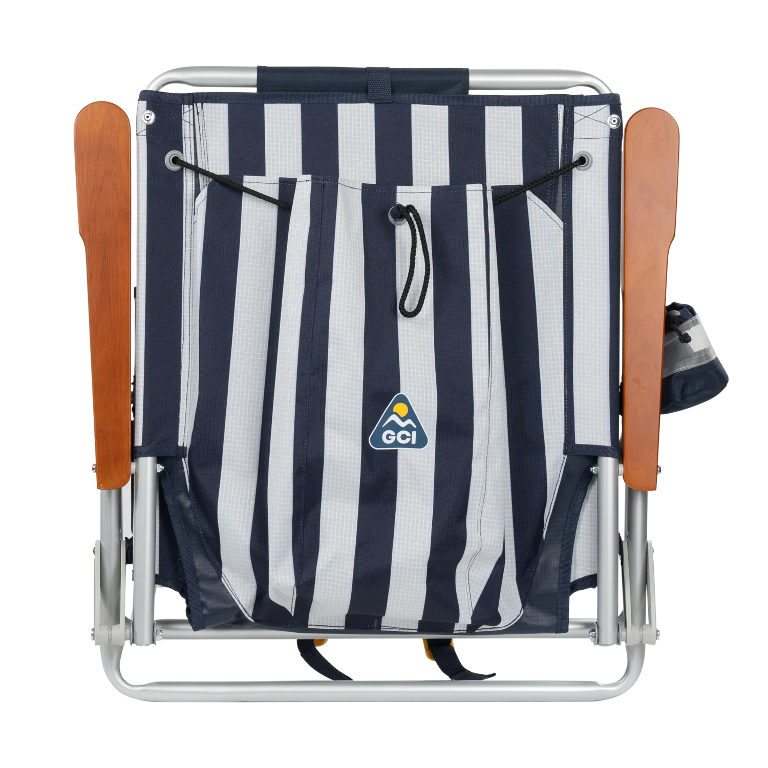 Back angle of the folded TidalDrift lounger in indigo stripes.