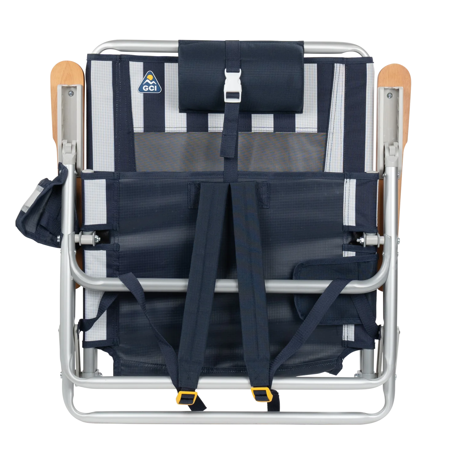 Front angle of the backpack straps on the folded TidalDrift lounger in indigo stripes.