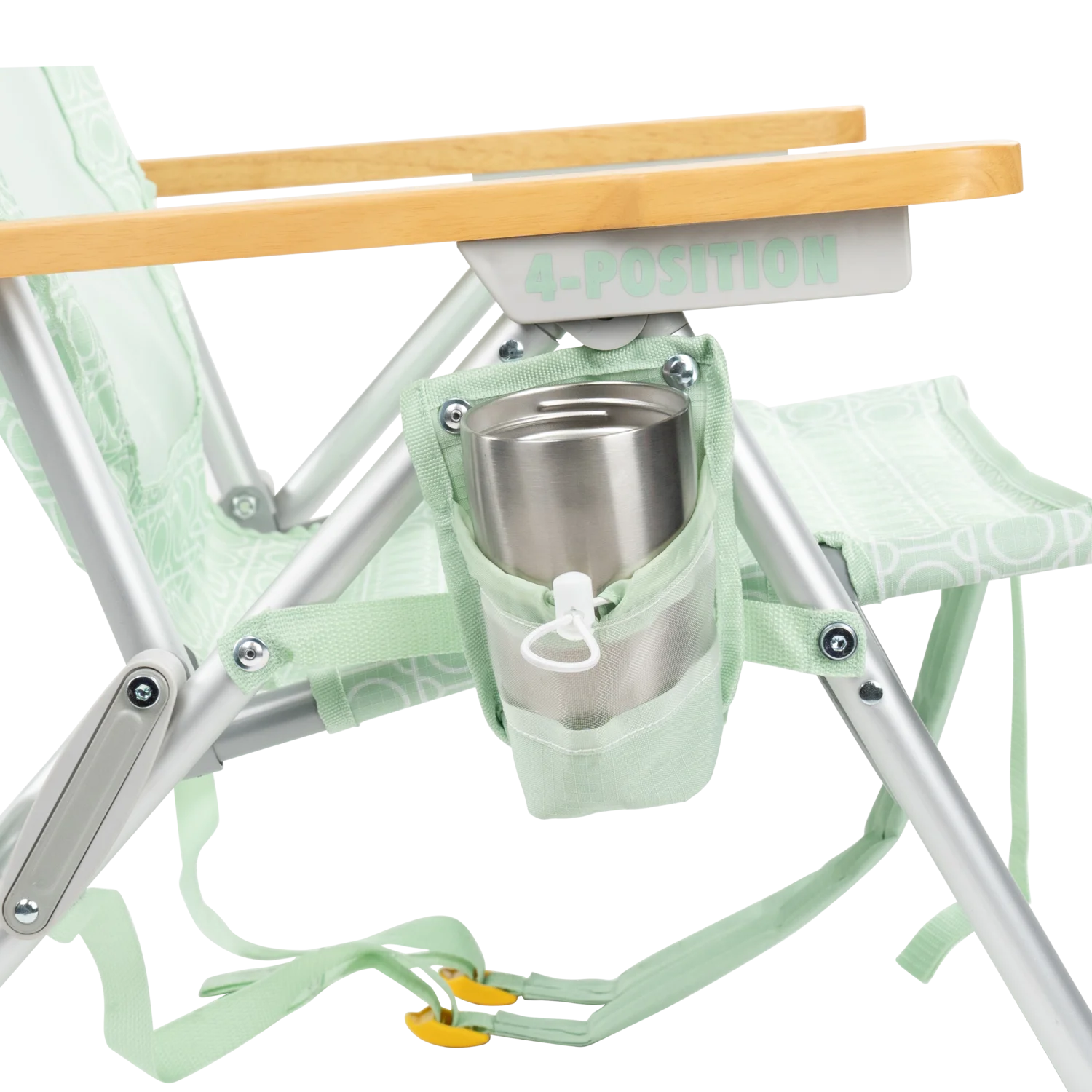 Close-up of the beverage holder on the TidalDrift lounger in pastel green mosaic.