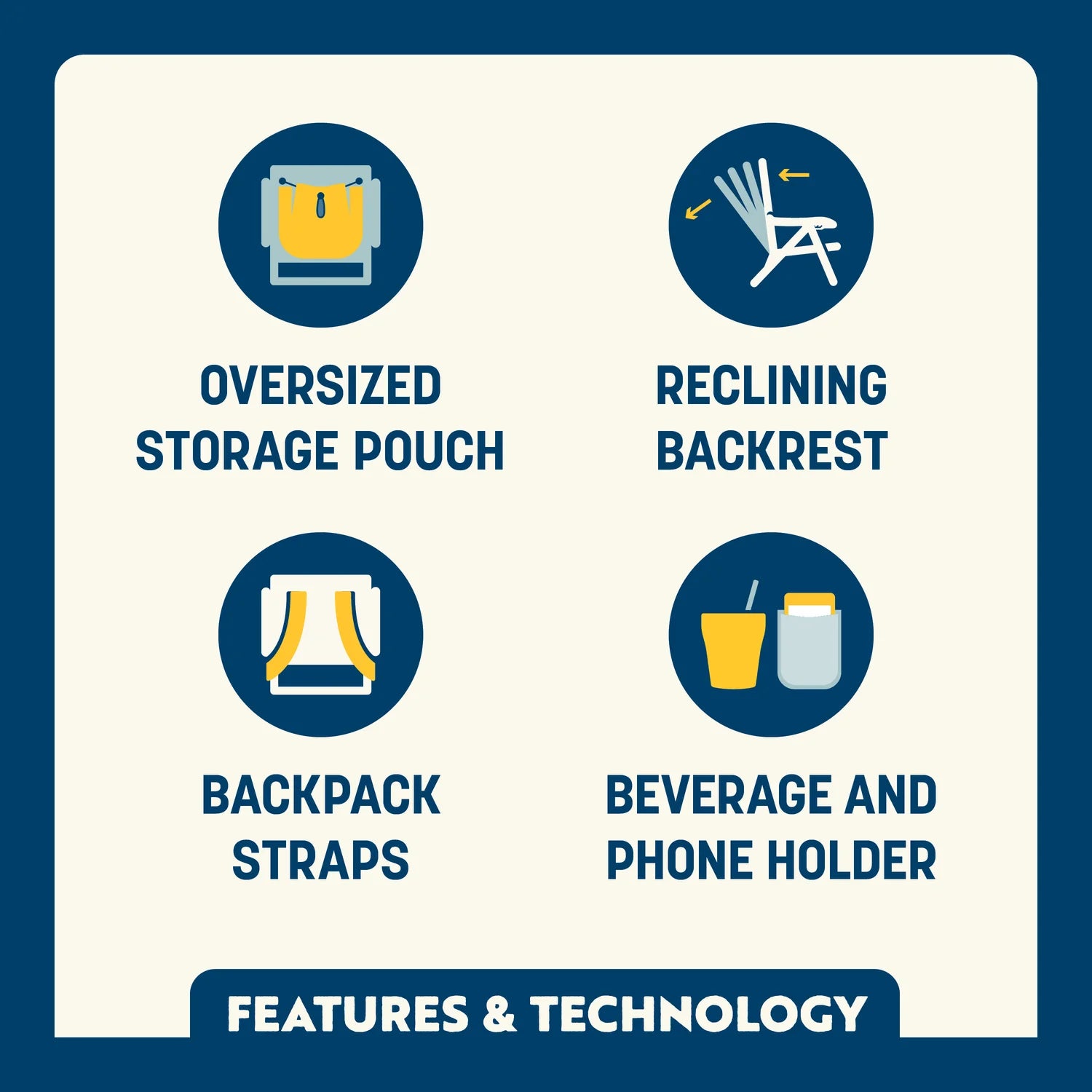 Feature callout for the TidalDrift with oversized storage pouch, reclining backrest, backpack straps, and beverage and phone holder.