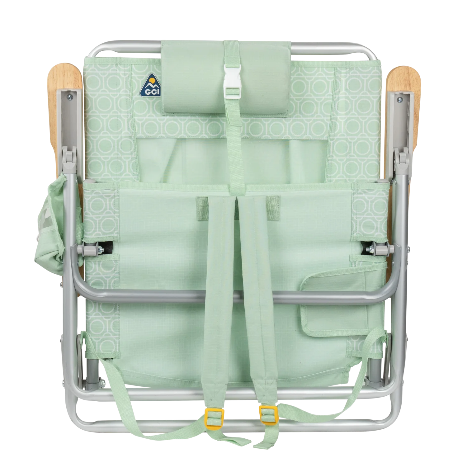 Front angle of the backpack straps on the folded TidalDrift lounger in pastel green mosaic.