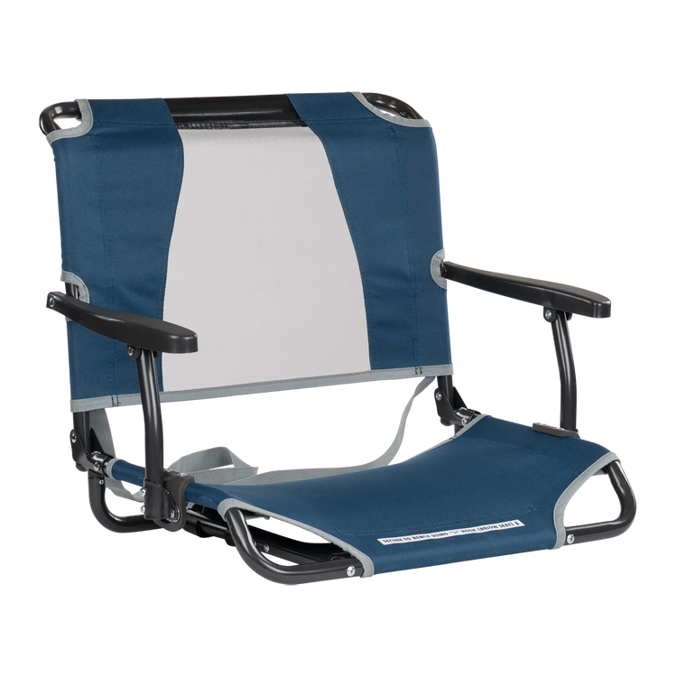 Front angle of the navy big comfort stadium chair with armrests. 