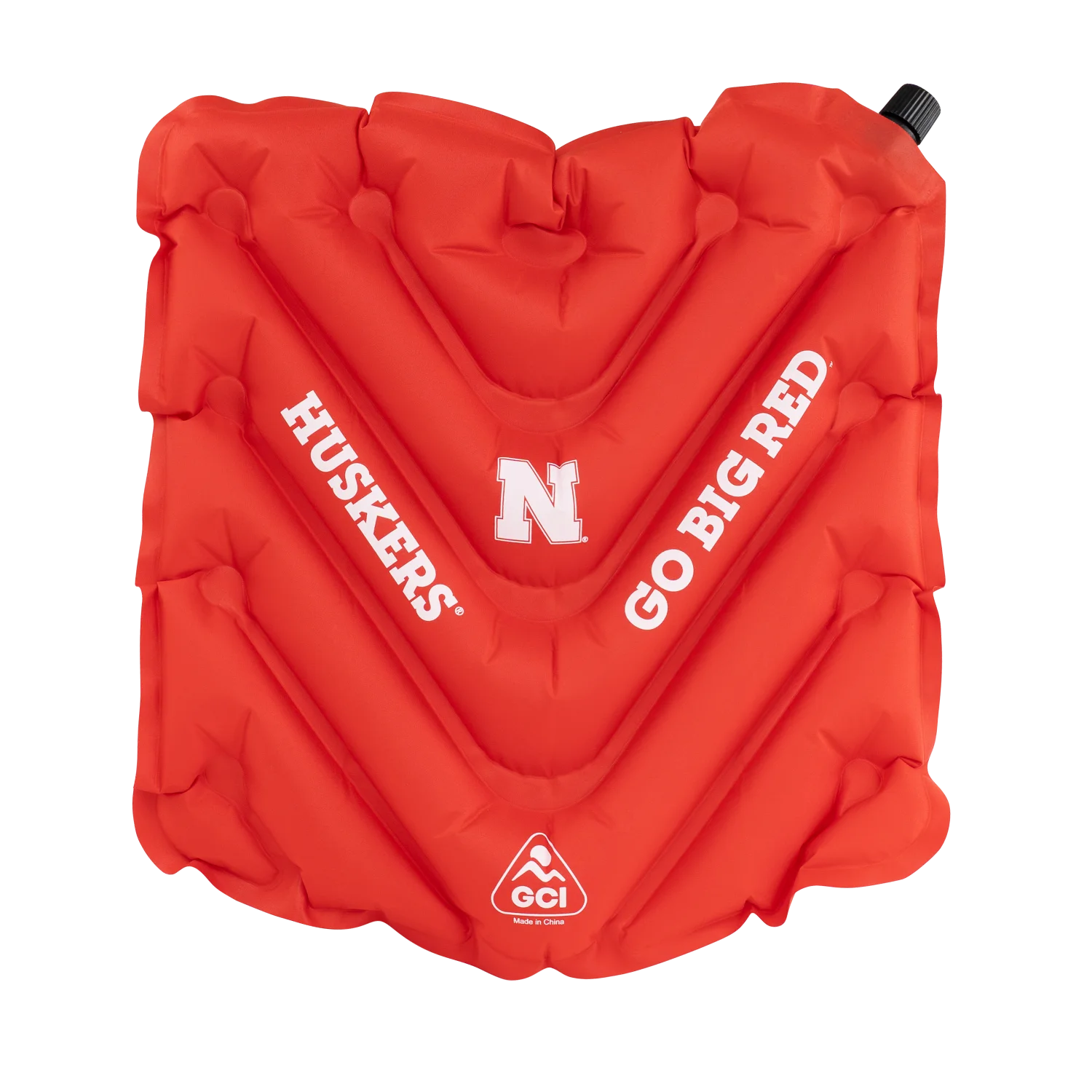 Front angle of V Seat with Nebraska Cornhuskers print.