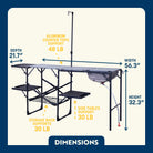 Dimension overview of the Master Cook Station with labeled width, depth, and height, including weight support for aluminum top, side tables, and storage rack.