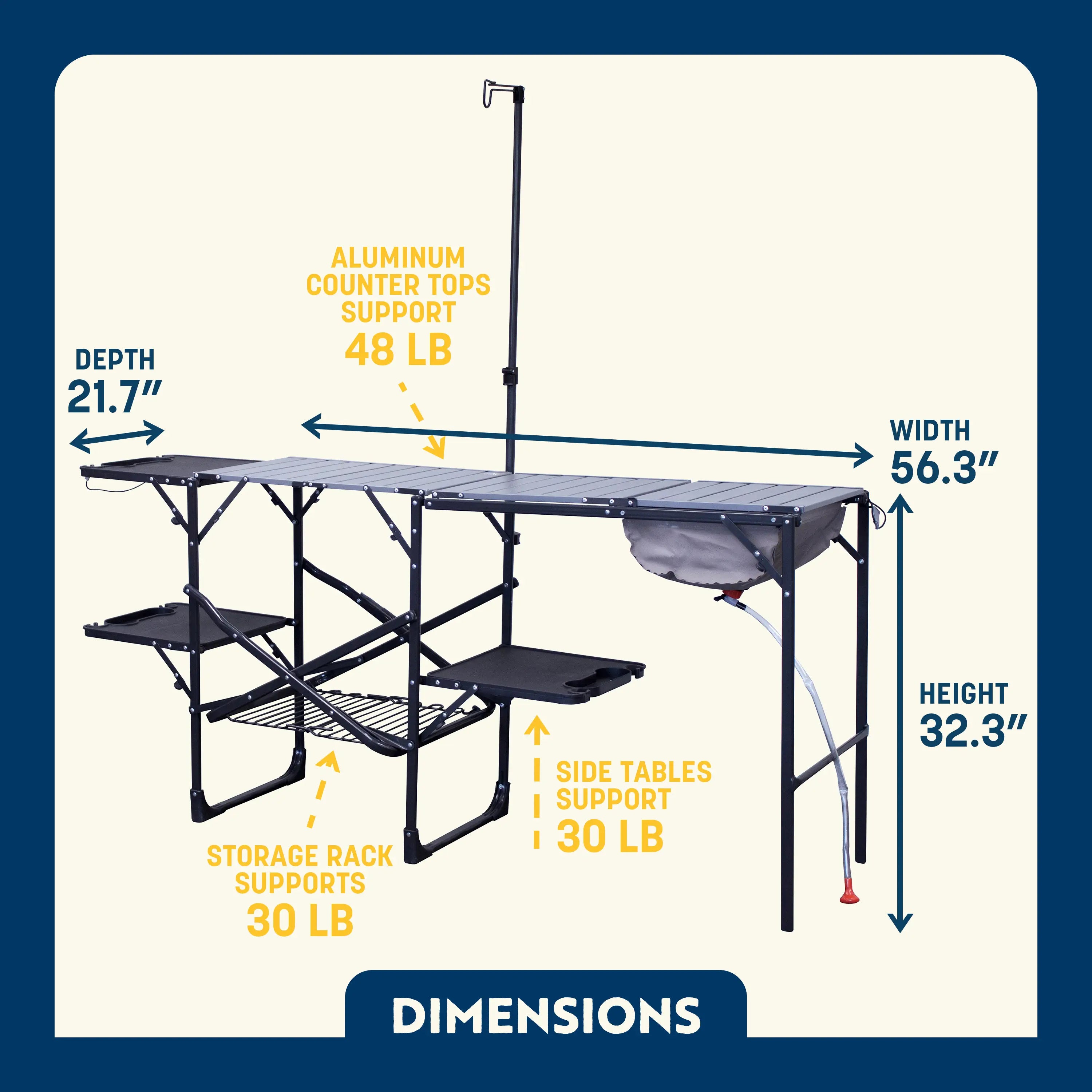 Dimension overview of the Master Cook Station with labeled width, depth, and height, including weight support for aluminum top, side tables, and storage rack.