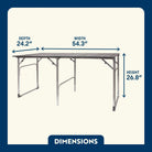 Dimension overview of the Slim-Fold Table with labeled height, width, and depth on a foldable aluminum frame table.
