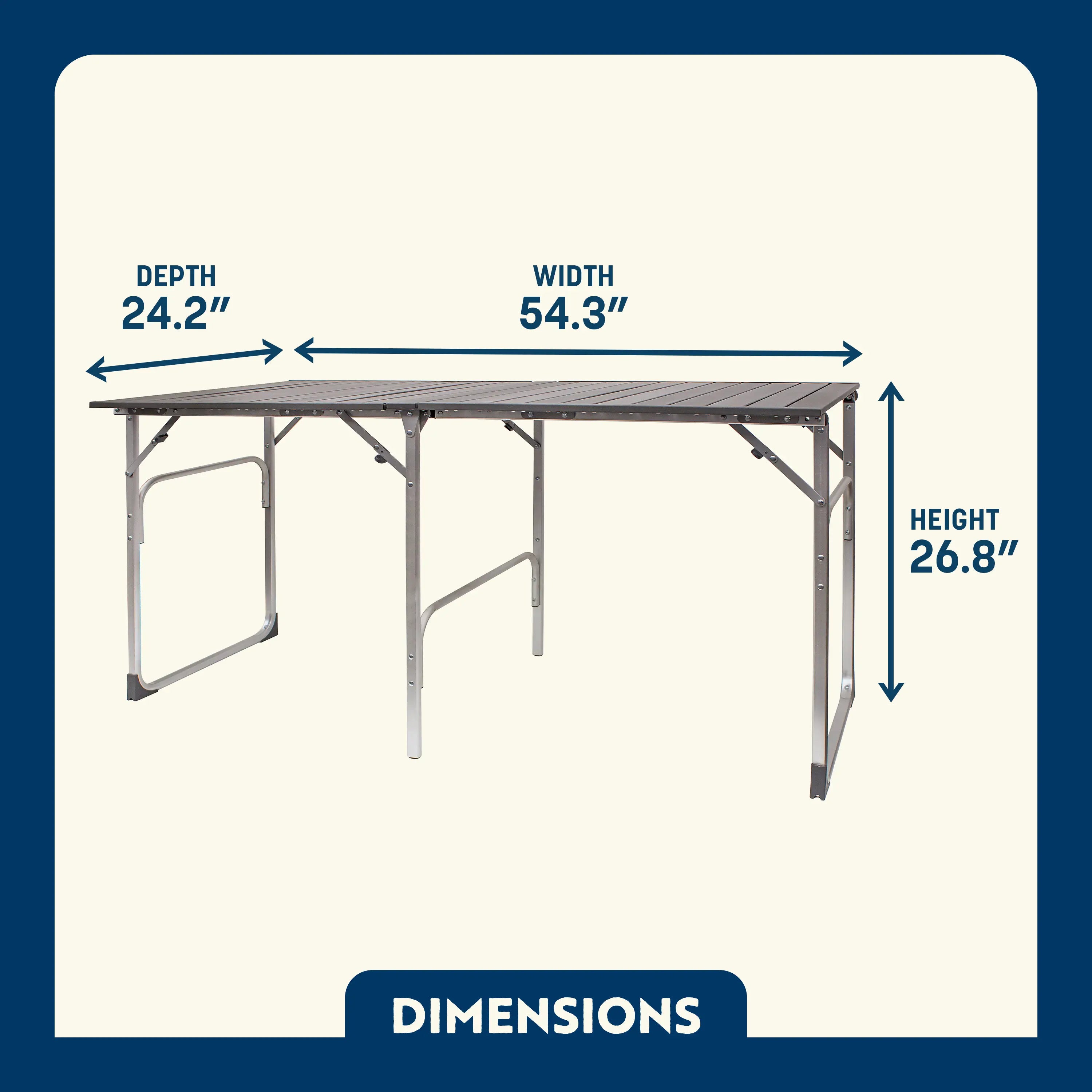 Dimension overview of the Slim-Fold Table with labeled height, width, and depth on a foldable aluminum frame table.