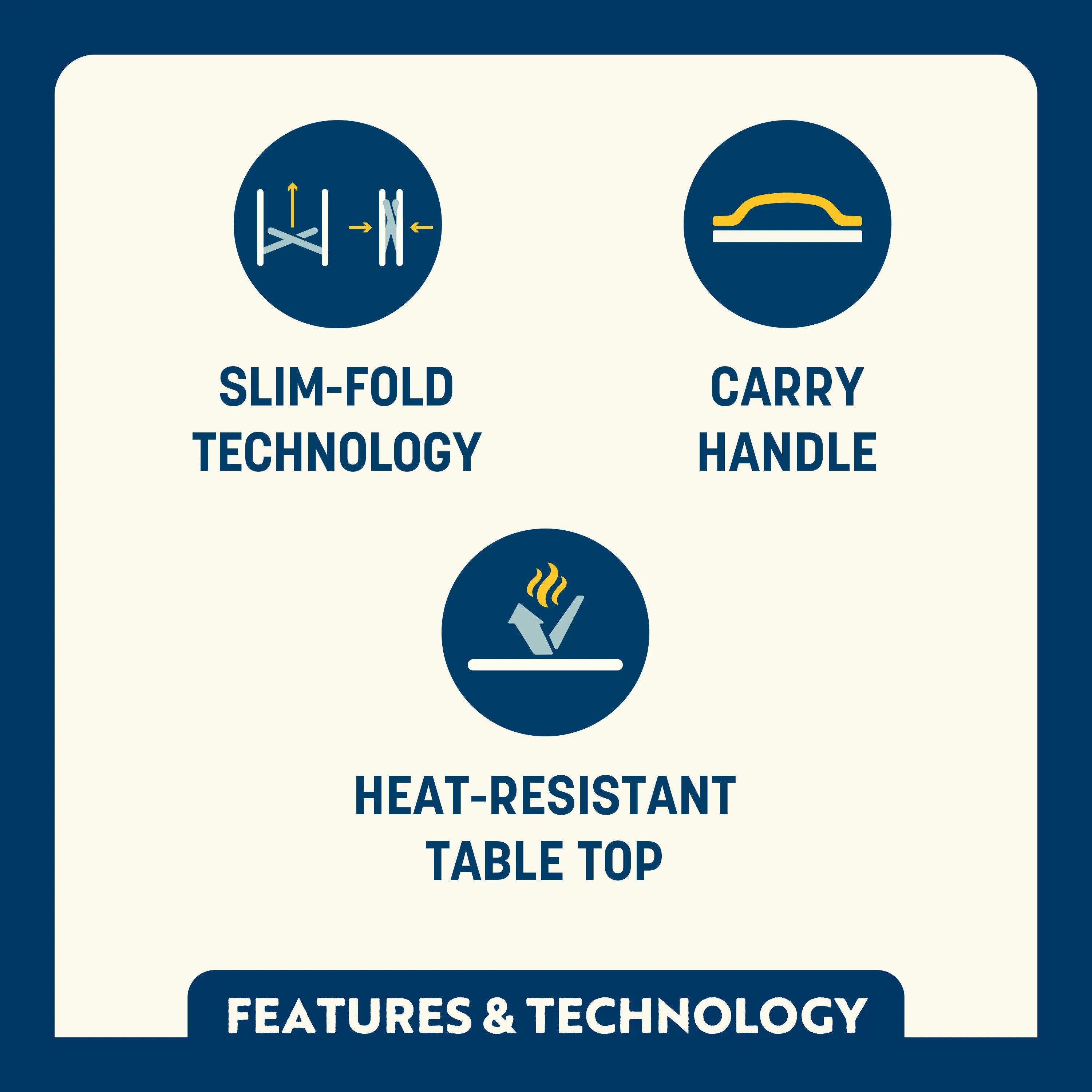 Feature callout for the Slim-Fold Table highlighting slim-fold technology, carry handle, and a heat-resistant tabletop.