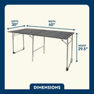 Dimension overview of the Slim-Fold Table XL with labeled height, width, and depth on a large foldable aluminum table.