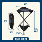 Dimension overview of the Packseat stool and its compact carry pouch, with labeled arrows showing seat height and folded size.