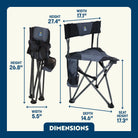 Dimension overview of the Quik E Seat shown open and folded, with labeled seat height, width, depth, and compact folded size.