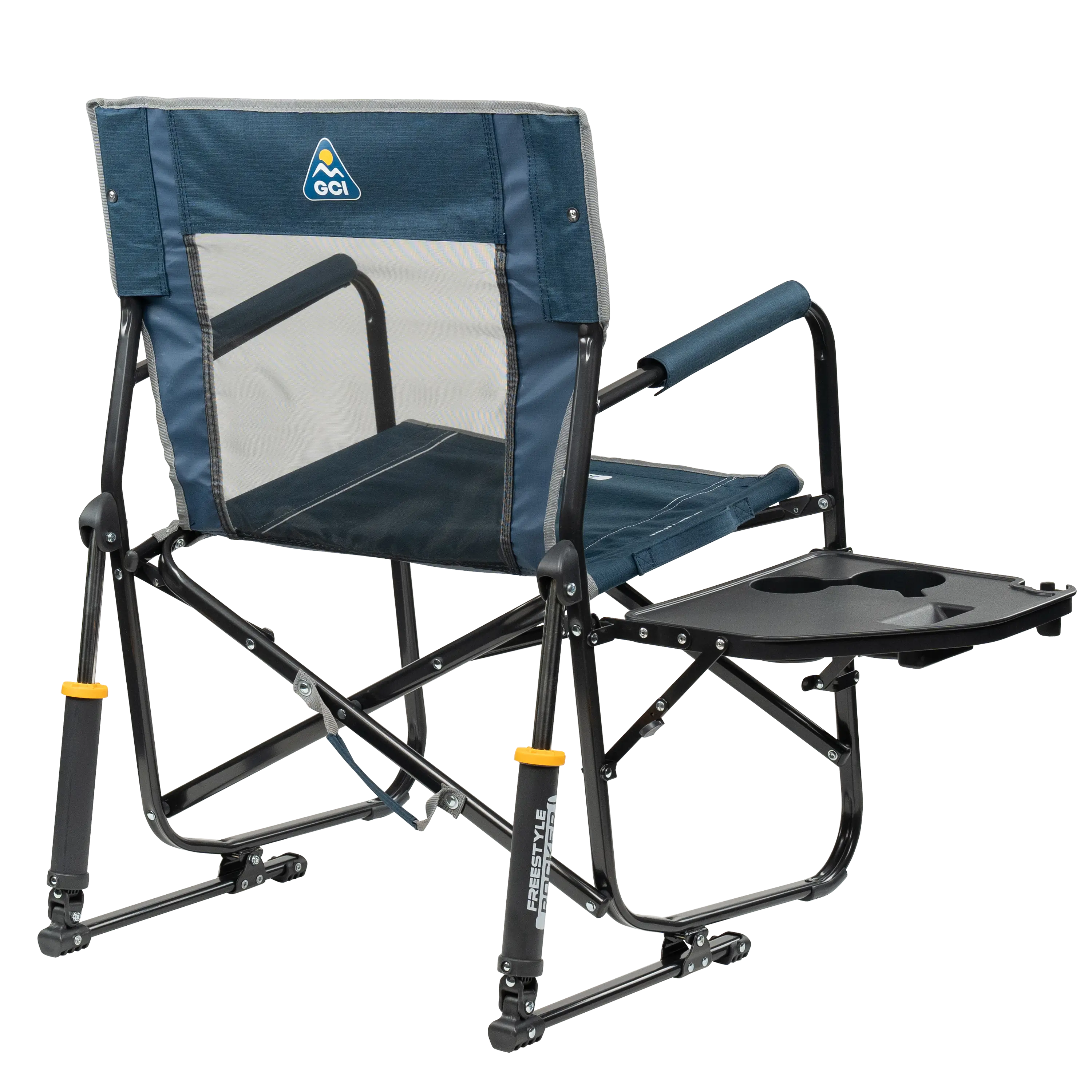 Side view of GCI Outdoor Freestyle Rockers with side tables extended.