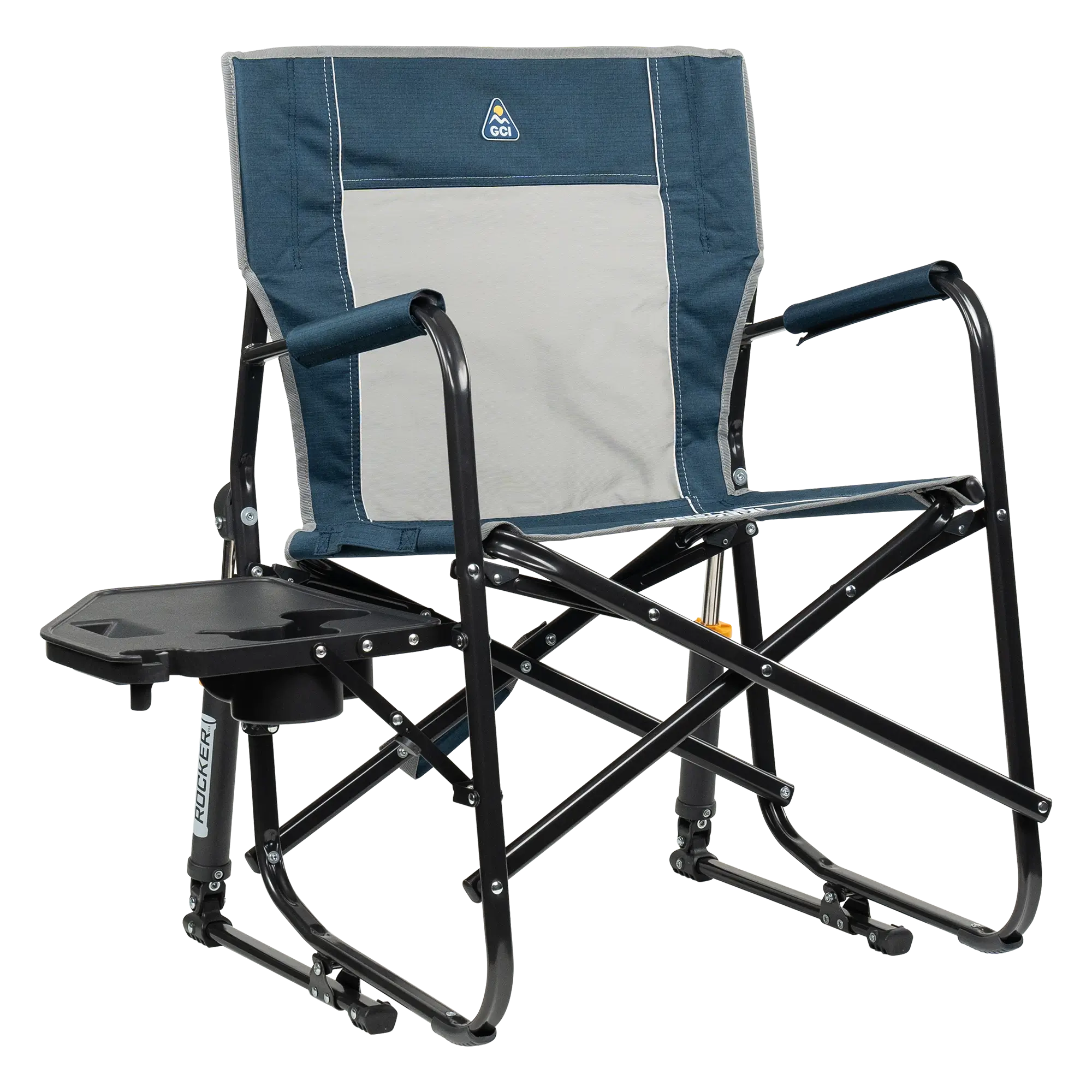 Freestyle Rocker with Side Table, Heathered Indigo, Front Table Open