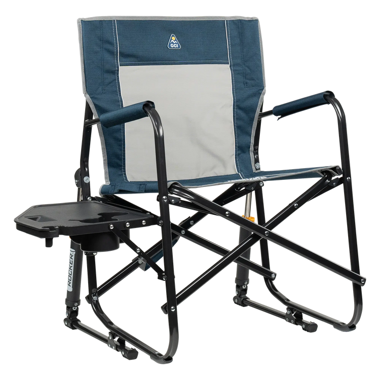 Freestyle Rocker with Side Table, Heathered Indigo, Front Table Open