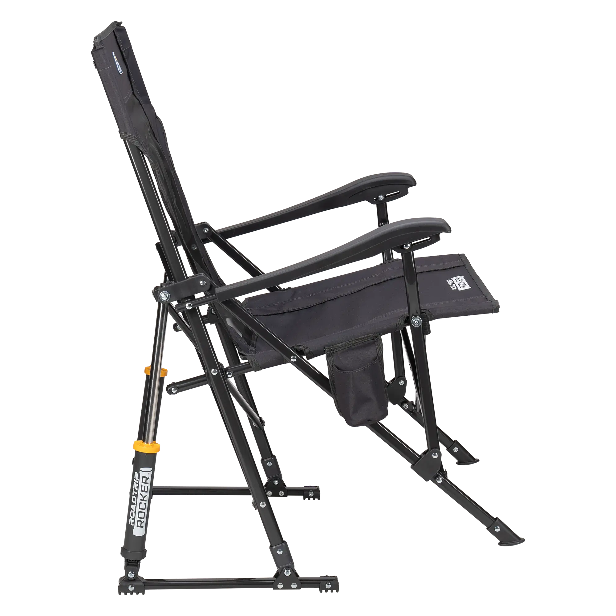 Side angle of the dark charcoal roadtrip rocker showing the spring-action rockers and phone pocket. 