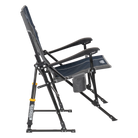 Side angle of the indigo roadtrip rocker showing the spring-action rockers and phone pocket. 