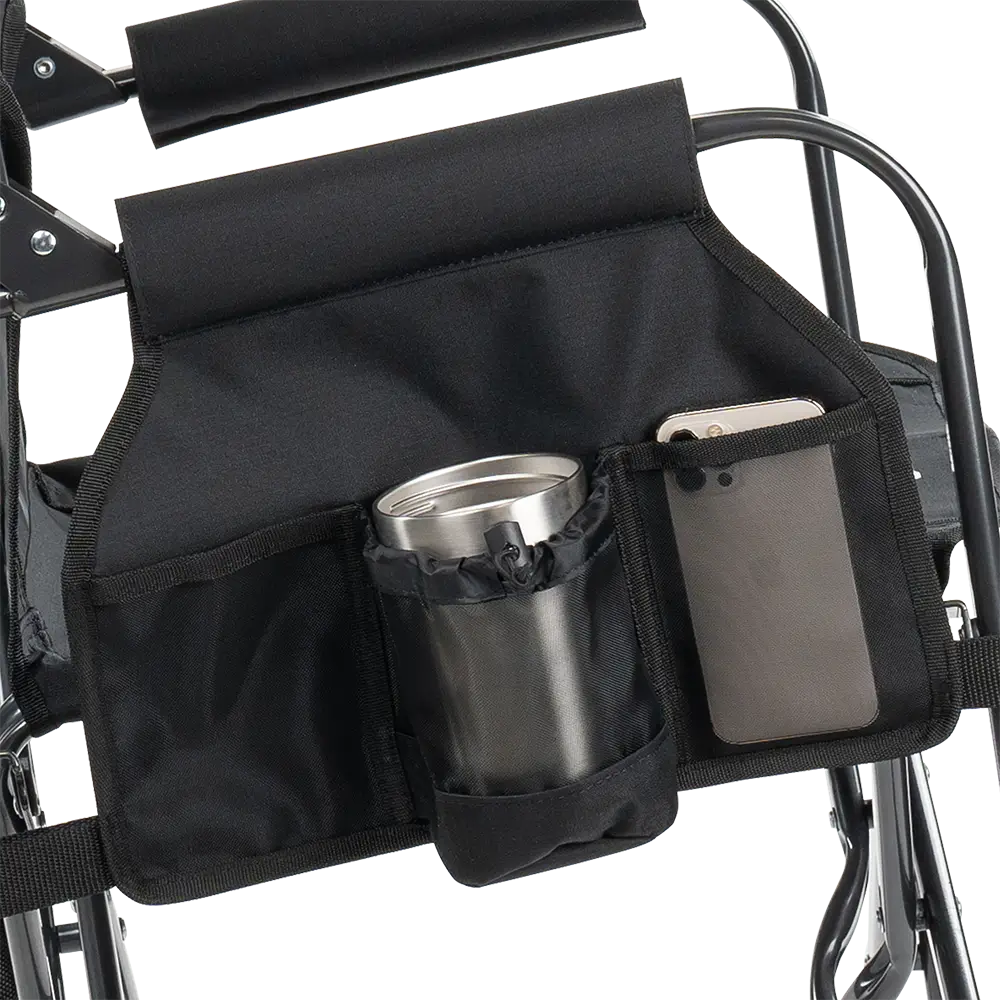 The side caddy of the Black Stowaway Rocker showing the phone holder and cup holder. 