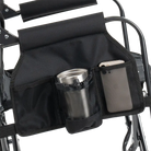 The side caddy of the Black Stowaway Rocker showing the phone holder and cup holder. 