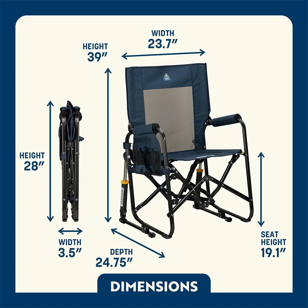 Stowaway Rocker shown open and folded, with compact frame, mesh panel, and labeled seat and chair dimensions.