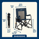 Stowaway Rocker shown open and folded, with compact frame, mesh panel, and labeled seat and chair dimensions.