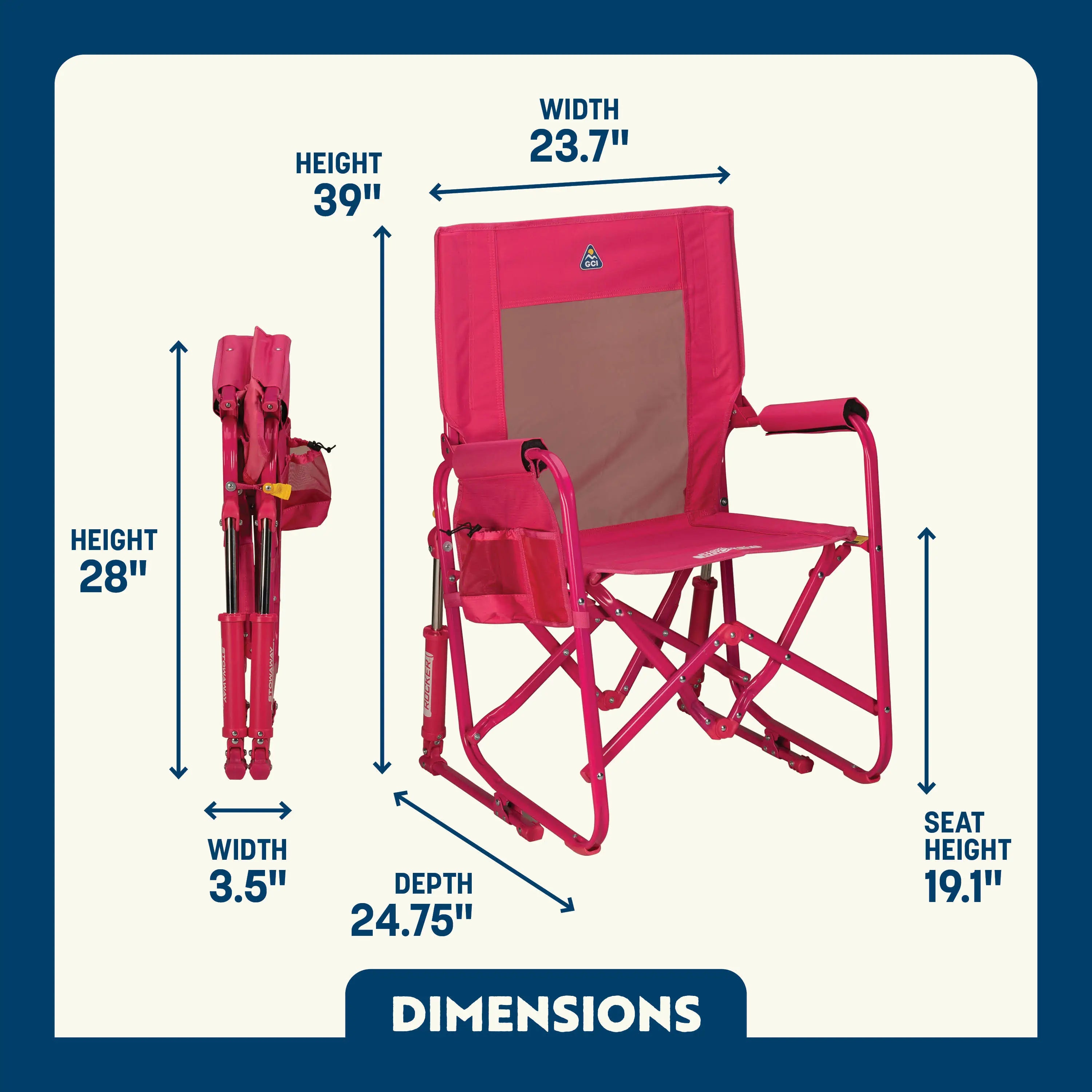 Stowaway Rocker shown open and folded, with compact frame, mesh panel, and labeled seat and chair dimensions.