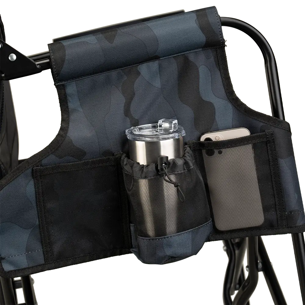 The side caddy of the Stealth Camo Stowaway Rocker showing the phone holder and cup holder. 