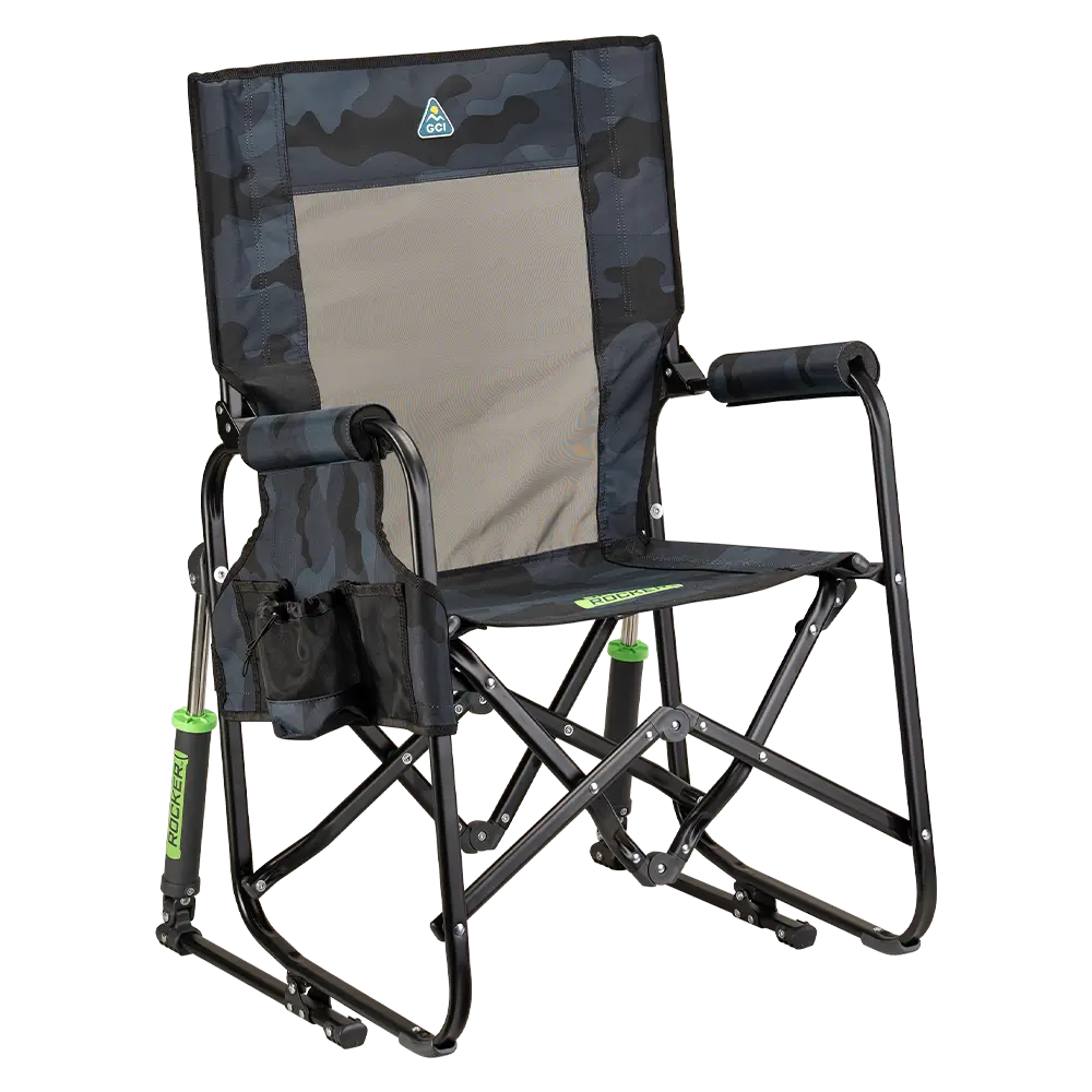The front right side angle of the Stealth Camo Stowaway Rocker. 