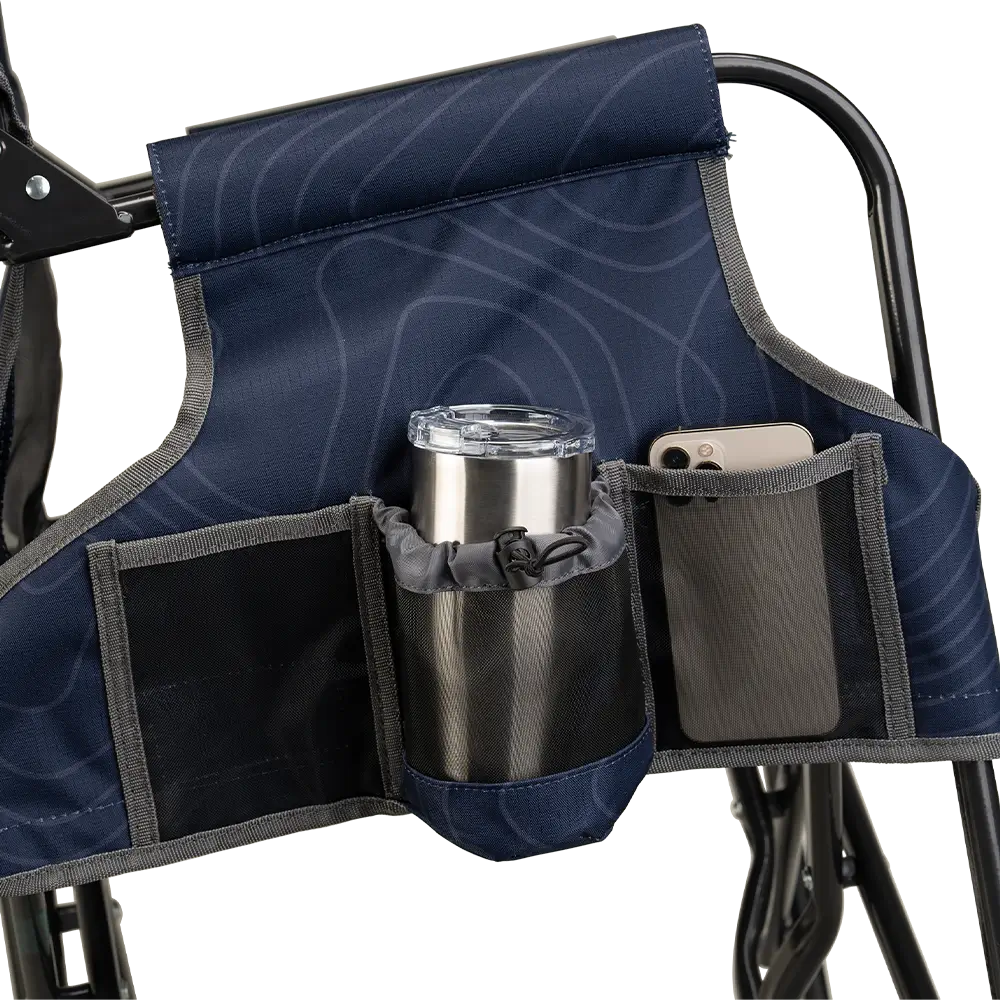 The side caddy of the Navy Topo Stowaway Rocker showing the phone holder and cup holder. 