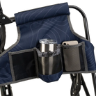 The side caddy of the Navy Topo Stowaway Rocker showing the phone holder and cup holder. 