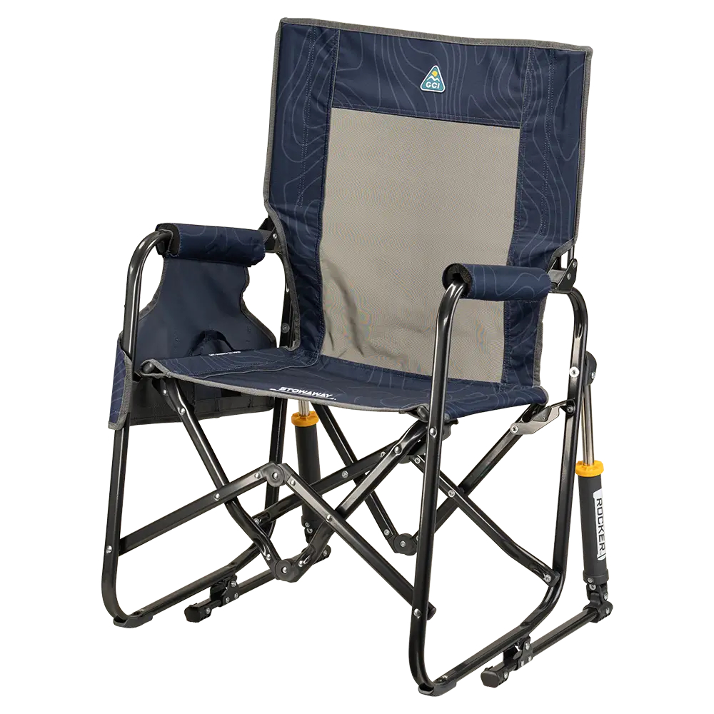 The front left side angle of the Navy Topo Stowaway Rocker. 