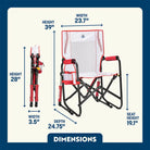 Stowaway Rocker shown open and folded, with compact frame, mesh panel, and labeled seat and chair dimensions.