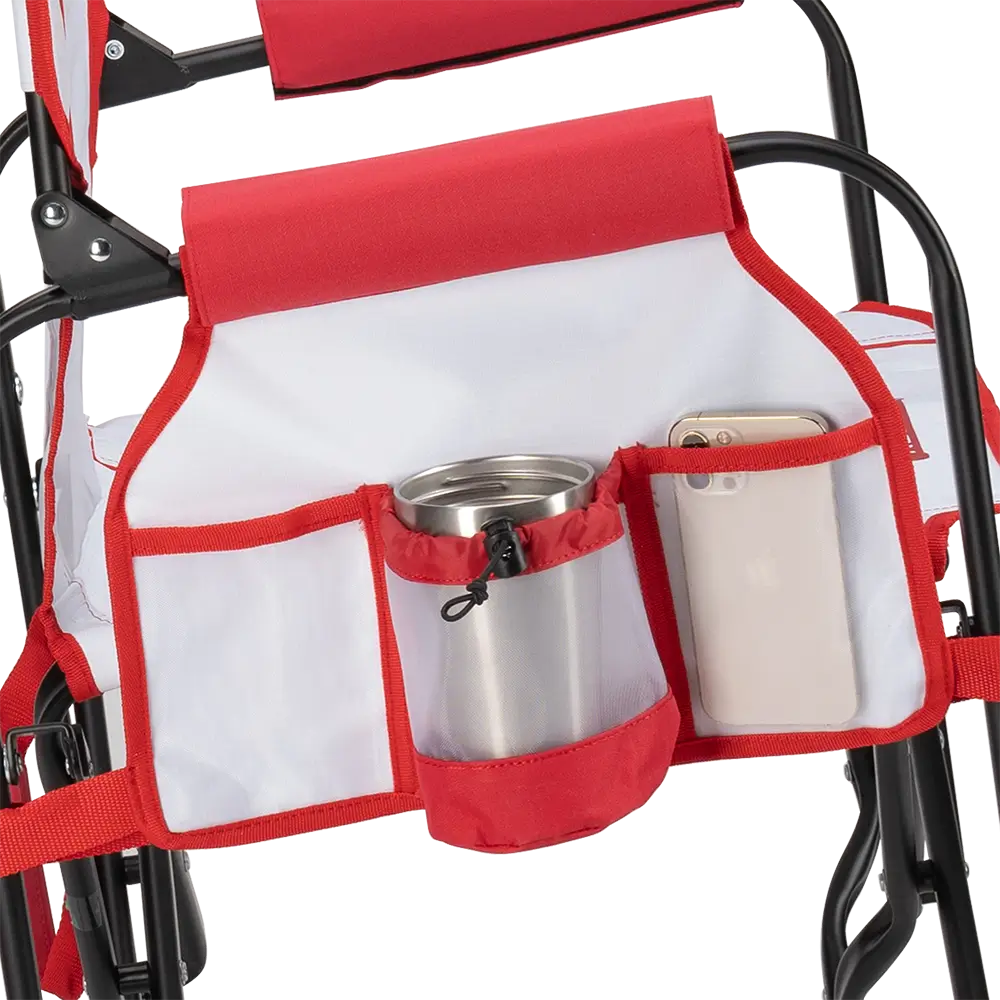 Side caddy of the Baseball Stowaway Rocker showing the phone holder and cup holder. 