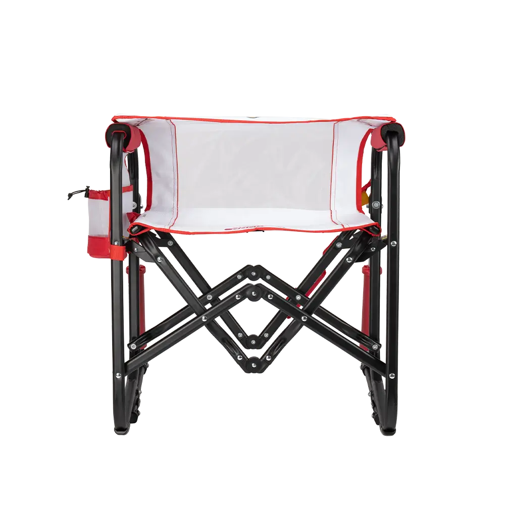 Folded down backrest on the baseball print Stowaway Rocker. 