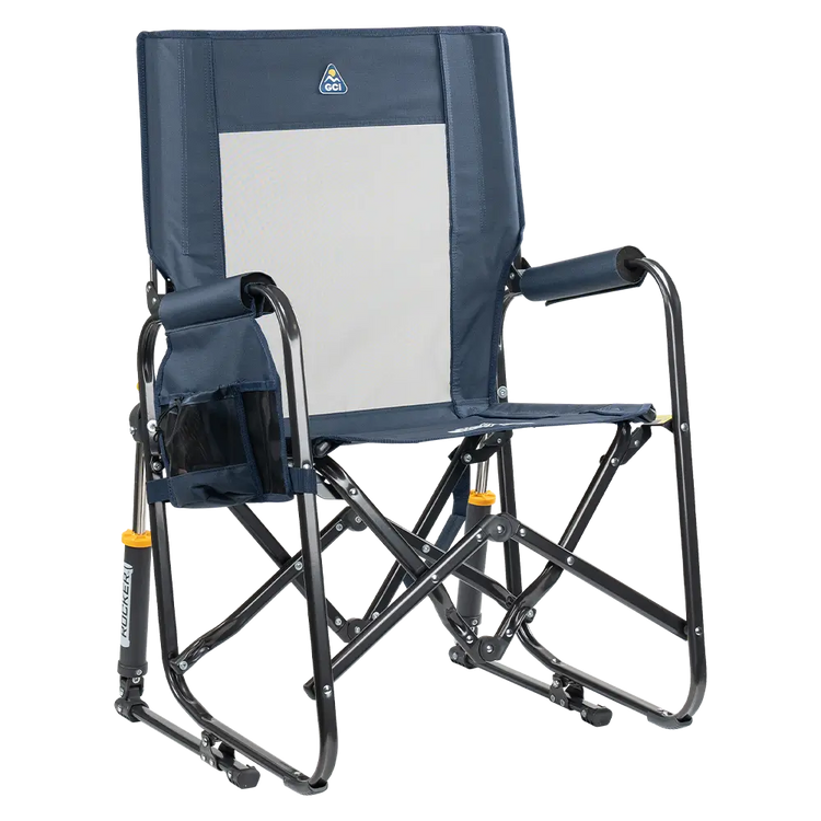 The front right side angle of the Denim Stowaway Rocker. 
