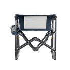 Folded backrest of denim stowaway rocker. 