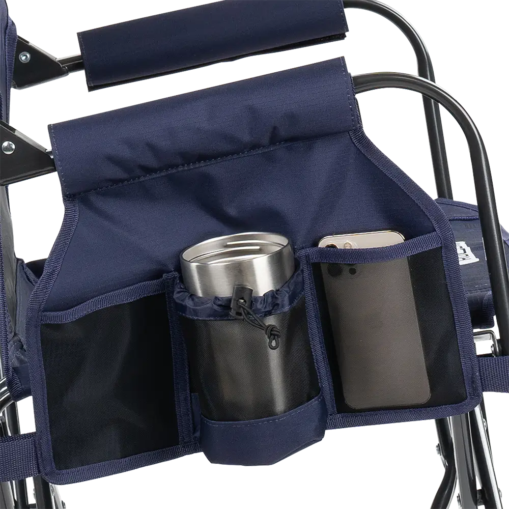 The side caddy of the Tailgater Rich Blue Stowaway Rocker showing the phone holder and cup holder. 