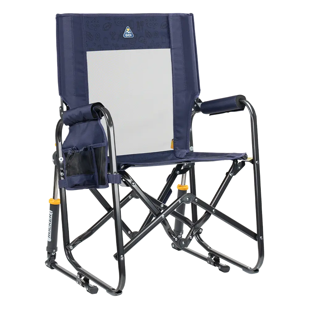 The front right side angle of the Tailgater Rich Blue Stowaway Rocker. 