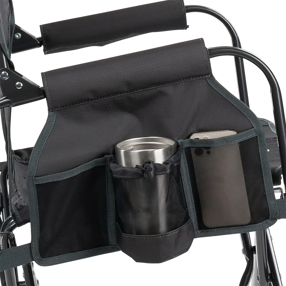 The side caddy of the Tailgater Dark Charcoal Stowaway Rocker showing the phone holder and cup holder. 