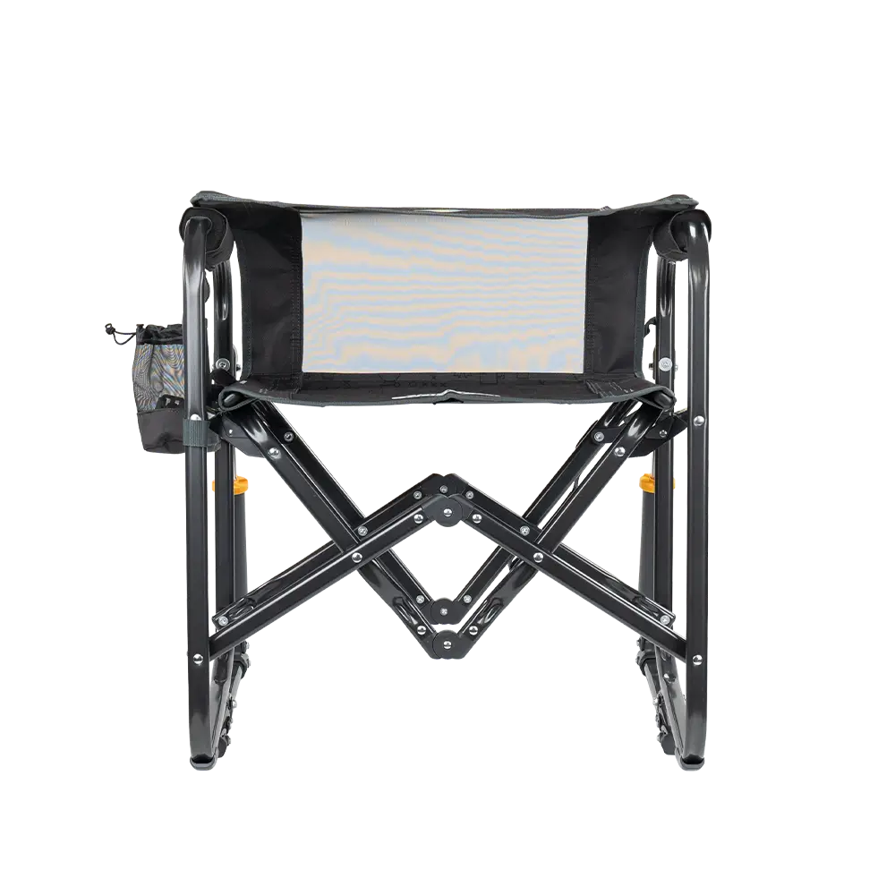 Folded backrest on the tailgater dark charcoal Stowaway Rocker. 