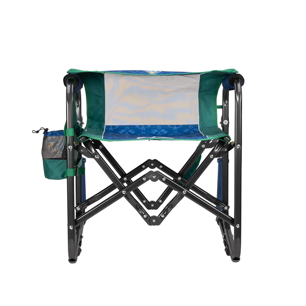 Folded backrest of pickleball stowaway rocker. 