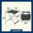 Dimension overview of the larger Compact Camp Table shown open and folded, with labeled width, depth, and two height views.